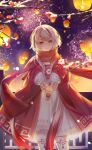  1girl aerial_fireworks ahoge artist_request branch brown_eyes bud chinese_clothes closed_mouth cowboy_shot dress fireworks flower flower_knot flowery_silhouette_(shining_nikki) game_cg giving happy highres holding holding_paper jacket lantern layered_sleeves lips long_hair long_sleeves looking_at_viewer multicolored_hair night night_sky nikki_(series) official_art open_clothes open_jacket outdoors paper paper_lantern plum_blossoms puffy_long_sleeves puffy_sleeves red_flower red_hair red_jacket red_ribbon red_scarf ribbon ribbon_legwear scarf shining_nikki short_dress single_hair_intake sky smile snow snowing solo standing streaked_hair swept_bangs thighhighs two-tone_hair vermillion_snow very_long_hair waist_tassel white_dress white_flower white_hair white_thighhighs wide_sleeves winter 