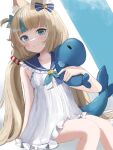  1girl absurdres animal animal_ear_fluff animal_ears blonde_hair blue_bow blue_eyes blue_streaks bow cat_ears closed_mouth dress fins fish fish_tail hair_bow highres holding holding_animal holding_fish indie_virtual_youtuber lifebuoy_hair_ornament low_twintails moji_(m_0j_4) one_side_up sailor_dress sameko_saba sitting solo tail twintails virtual_youtuber white_dress 