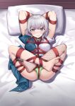  1girl 463_jun arms_behind_head ball_gag bang_dream! bang_dream!_it&#039;s_mygo!!!!! barefoot bdsm blue_eyes blush bondage bound bound_arms bound_legs breasts choker clenched_teeth crossed_ankles crotch_rope feet fishnet_thighhighs fishnets gag green_panties heterochromia highres kaname_raana looking_at_viewer lying no_pants no_shoes on_back on_bed panties pelvic_curtain pillow shirt short_hair shrimp_tie single_thighhigh small_breasts soles solo t-shirt teeth thighhighs toes underwear white_hair white_shirt yellow_eyes 
