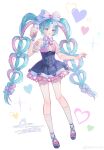  1girl absurdres ankle_socks aqua_eyes aqua_hair bare_arms black_skirt blue_nails bow bowtie brooch chinese_commentary clothing_cutout commentary_request cross-laced_shoes dated eyelashes food frilled_sleeves frills full_body hair_bow hair_ornament hairclip happy hatsune_miku heart heart-shaped_hair heart_brooch heart_cutout heart_hair_ornament heart_print high-waist_skirt highres holding holding_food jewelry knees lace-trimmed_skirt lace-trimmed_socks lace_trim large_bow light_blush long_hair looking_at_viewer memory_mie miniskirt multi-tied_hair multicolored_hair multiple_hair_bows nail_polish number_print open_mouth parallel_hairclips parfait parted_bangs pink_bow pink_hair pleated_skirt puffy_short_sleeves puffy_sleeves purple_bow purple_bowtie purple_shoes shirt shoes short_sleeves signature simple_background skirt smile socks solo sparkle standing streaked_hair twintails two-tone_hair very_long_hair vocaloid watermark weibo_watermark white_background white_bow white_shirt white_socks 