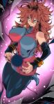  1girl android_21 bare_shoulders black_lightning black_nails blue_eyes breasts checkered_clothes checkered_dress detached_sleeves dragon_ball dragon_ball_fighterz dragon_ball_z dress earrings electricity energy energy_ball glowing highres hoop_earrings jewelry kinakomochi_(user_vedc2333) large_breasts lightning long_hair looking_at_viewer medium_breasts multicolored_dress open_mouth plasma powering_up red_ribbon_army simple_background solo thighs two-tone_dress 
