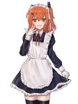  1girl a.i._voice adachi_rei apron black_thighhighs contrast_collar cowboy_shot frilled_apron frilled_headwear frills gloves hair_ornament hand_up headlamp highres laughing light_blush long_sleeves looking_at_viewer maid maid_apron maid_headdress medium_hair nyaaaa252 open_mouth orange_eyes orange_hair pulling_own_clothes radio_antenna simple_background smile solo standing thighhighs white_background white_gloves 