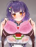  1girl ahoge bra festa11307070 gradient_background gradient_hair grey_background hair_ornament holding holding_bra holding_underwear holding_unworn_clothes looking_at_viewer multicolored_hair nanase_suzuna nijisanji orange_eyes pink_bra presenting_bra purple_hair short_hair smile solo stained_bra underwear unworn_bra upper_body virtual_youtuber x_hair_ornament 