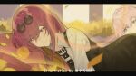  2girls artist_name black_necktie blue_eyes closed_mouth cyrene_(honkai:_star_rail) eyewear_on_head honkai:_star_rail honkai_(series) kafka_(honkai:_star_rail) leaf letterboxed looking_at_viewer lying missing_commentary multiple_girls necktie on_side outdoors pince-nez pink_hair purple_eyes round_eyewear shirt smile solo_focus srpzk sunglasses white_shirt 