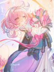 1girl absurdres blue_eyes bouquet chiyori08 coat commentary cyrene_(honkai:_star_rail) english_commentary falling_petals field flower flower_field hair_ornament hashtag-only_commentary highres holding holding_bouquet honkai:_star_rail honkai_(series) medium_hair multicolored_hair parted_lips petals pink_flower pink_tulip pointy_ears purple_coat smile solo tulip twitter_username two-tone_hair white_hair 