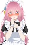  1girl ^^^ absurdres apron black_dress blue_eyes blush bocchi_the_rock! commentary_request cube_hair_ornament dress ear_blush embarrassed eyes_visible_through_hair frilled_apron frills gotoh_hitori gradient_background hair_intakes hair_ornament hair_over_eyes hands_up highres hrtahm long_bangs long_hair looking_at_viewer maid maid_apron maid_headdress melting nose_blush open_mouth pink_hair puffy_short_sleeves puffy_sleeves raised_inner_eyebrows short_sleeves solo standing straight-on straight_hair sweatdrop upper_body very_long_hair wavy_mouth white_apron white_background white_wrist_cuffs wispy_bangs wrist_cuffs 