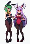  2girls animal_ears asymmetrical_hair black_bow black_bowtie black_eyes black_leotard blush bow bowtie breasts detached_collar fake_animal_ears fishnet_pantyhose fishnets flying_sweatdrops full_body furrowed_brow green_hair hair_between_eyes hair_bow high_heels highres iganashi1 leotard long_hair looking_at_another medium_breasts multiple_girls nervous pantyhose playboy_bunny purple_hair rabbit_ears rabbit_girl rabbit_tail red_bow red_bowtie red_eyes red_leotard reisen_udongein_inaba rod_of_remorse shiki_eiki short_hair simple_background standing strapless strapless_leotard sweat sweatdrop tail touhou very_long_hair white_background white_bow wrist_cuffs 