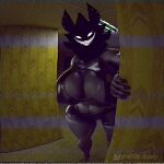 1:1 3d_(artwork) anthro armwear backrooms_creature big_breasts black_body black_fur bottomwear breasts cleavage clothed clothing digital_media_(artwork) ear_piercing empty_eyes english_text exposed_breasts female fishnet_clothing fur hi_res horror_(theme) humanoid karelia_(ace_rattman) latex latex_clothing looking_at_viewer looming n00b-body nails obscured_face piercing shirt shorts slightly_chubby smile smiler_(the_backrooms) solo standing teasing text the_backrooms thick_thighs tongue topwear vhs_filter white_eyes white_tongue wide_hips