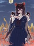  1girl :3 alternate_costume animal_ears animal_on_shoulder ayuko_ammobium banken_(inui_toko) blue_dress blue_sailor_collar blurry blurry_background brown_hair closed_mouth commentary_request cowboy_shot dog_ears double-parted_bangs dress flower full_moon hair_flower hair_ornament hairpin hand_on_own_chest hand_up heterochromia highres inui_toko light_blush long_hair long_sleeves moon nail_polish night night_sky nijisanji pleated_dress red_eyes red_flower red_nails red_ribbon red_spider_lily ribbon sailor_collar shirt sky smile very_long_hair virtual_youtuber white_shirt yellow_eyes 