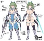  1girl android armor armored_boots bare_shoulders black_gloves blue_leotard boots breasts cleavage closed_mouth covered_navel dated elbow_gloves full_body gloves green_hair grey_leotard headgear high_heel_boots high_heels highleg hiruno holding holding_sword holding_weapon knee_boots large_breasts leotard looking_at_viewer lyon_(hiruno) mecha_musume mechanical_tail medium_hair multiple_views navel original pelvic_curtain pink_eyes pointy_ears red_eyes reference_sheet see-through_clothes simple_background standing sword tail thigh_strap thighhighs twintails weapon white_background 