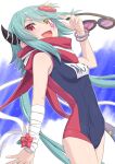  1girl anna_(princess_connect!) anna_(summer)_(princess_connect!) aqua_hair bandaged_wrist bandages black_horns blue_one-piece_swimsuit bracelet breasts flower goggles hair_flower hair_ornament heterochromia horns jewelry long_hair name_tag old_school_swimsuit one-piece_swimsuit open_mouth princess_connect! red_eyes red_one-piece_swimsuit scarf school_swimsuit silver_bracelet swimsuit two-tone_swimsuit umarutsufuri wrist_flower yellow_eyes 