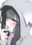  1girl absurdres animal_ear_hood black_hair blue_archive blue_eyes blush close-up dog_girl hibiki_(blue_archive) highres hood hood_up long_hair mask mask_pull mouth_mask nail_polish portrait sidelocks solo tongue tongue_out ugaaaa1 white_mask yellow_nails 
