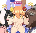  +_+ 3girls animal_ears blue_sailor_collar blush_stickers brown_hair carrot_necklace clover_hair_ornament commentary_request covering_own_mouth crossover daruma_doll doll_hair_ornament double_cheek_kiss dress ear_covers floppy_ears four-leaf_clover_hair_ornament hair_ornament highres horse_ears horse_girl inaba_tewi jewelry kantai_collection kiss kissing_cheek malivien matikanefukukitaru_(umamusume) multiple_crossover multiple_girls necklace orange_eyes orange_hair pink_dress purple_background rabbit_ears rabbit_girl sailor_collar shirt short_hair single_ear_cover touhou two-tone_background umamusume upper_body white_background white_shirt yukikaze_(kancolle) 