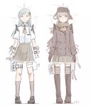  2girls ascot black_gloves blue_hair boots brown_hair brown_scarf closed_mouth commentary_request dated frilled_skirt frills fur_hat gloves grey_skirt hair_ornament hat hat_ornament jacket kantai_collection kawashina_(momen_silicon) knee_boots kneehighs kumano_(kancolle) long_hair multiple_girls orange_ascot pleated_skirt rigging scarf shirt shoes signature simple_background skirt socks standing suzuya_(kancolle) white_background white_shirt 