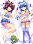  absurdres barefoot bed_sheet blue_eyes blue_hair camisole dakimakura full_body highres holding_hands komiya_nonoka long_hair looking_at_viewer lying multiple_girls navel noel_(sora_no_method) official_art on_back on_side one_side_up open_mouth purple_eyes qp:flapper ribbon short_shorts shorts side_ponytail smile sora_no_method stuffed_toy thighhighs twintails two_side_up 