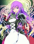  1girl absurdres black_coat blonde_hair breasts coat commentary_request cowboy_shot cross-laced_clothes cross-laced_dress dress gradient_hair highres hijiri_byakuren holding holding_staff ichizen_(o_tori) large_breasts long_hair looking_at_viewer multicolored_hair open_clothes open_coat open_mouth purple_eyes purple_hair shakujou smile solo staff touhou white_dress 