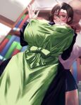  1boy 1girl apron bald black_dress bookshelf breasts brown_eyes brown_hair character_request closed_mouth covered_nipples dress gen&#039;eki_(ryou) glasses green_apron hair_between_eyes hand_on_own_chest highres large_breasts long_sleeves shirt smile white_shirt zeikin_de_katta_hon 