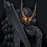 2025 5_fingers absurd_res alillust ambiguous_gender armor berserk_(series) biped cloak clothing fingers headgear helmet hi_res holding_melee_weapon holding_object holding_weapon hollow_knight hollow_knight_(character) melee_weapon solo team_cherry vessel_(species) weapon