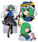  1girl asymmetrical_hair black_eyes black_skirt blue_vest boots bow breasts buttons closed_eyes cropped_shoulders cropped_torso epaulettes expressionless frilled_hat frilled_skirt frills full_body green_hair hair_between_eyes hat high_heels highres iganashi1 knee_boots long_skirt long_sleeves looking_at_viewer looking_down looking_to_the_side medium_breasts multiple_views no_pupils open_mouth portrait profile red_bow ribbon-trimmed_skirt ribbon_trim rod_of_remorse shiki_eiki shirt short_hair simple_background skirt sleeve_bow smile standing touhou upper_body vest white_background white_bow white_shirt wide_sleeves 