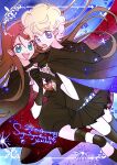  2girls black_dress black_gloves blonde_hair cape chocolat_meilleure commentary_request dress dutch_angle earrings gloves green_eyes heart_pendant highres holding_hands jewelry long_hair looking_back magical_girl multiple_girls open_mouth orange_hair purple_eyes short_hair smile sugar_sugar_rune vanilla_mieux witch yuzikoz_mega 