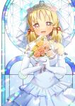  1girl :d bare_shoulders blonde_hair blush bouquet breasts brown_eyes commentary_request commission dress elbow_gloves flower frilled_dress frilled_gloves frills gloves holding holding_bouquet kou_hiyoyo looking_at_viewer moriya_suwako rose skeb_commission small_breasts smile solo stained_glass tiara touhou veil wedding_dress white_dress white_flower white_gloves white_rose yellow_flower yellow_rose 