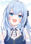  1girl :d absurdres blue_eyes blue_hair blush dated feather_hair_ornament feathers hair_ornament happy_birthday hashtag-only_commentary highres indie_virtual_youtuber ryu160303 simple_background smile solo upper_body virtual_youtuber white_background 