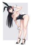  1girl animal_ears bare_legs bare_shoulders black_bow black_bowtie black_hair black_leotard bow bowtie breasts detached_collar fake_animal_ears fake_tail full_body grey_background high_heels highleg highleg_leotard highres large_breasts leotard looking_at_viewer mole mole_under_eye original playboy_bunny rabbit_ears rabbit_tail simple_background solo standing strapless strapless_leotard tail thighs wrist_cuffs yuuji_(and) 