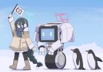  1girl absurdres animal aqua_eyes aqua_halo aris_(blue_archive) aris_(winter)_(blue_archive) bird black_hair black_pantyhose blue_archive blue_scarf blue_sky boots braid brown_boots brown_coat brown_mittens buttons coat day earmuffs flag full_body fur-trimmed_coat fur-trimmed_sleeves fur_trim hair_between_eyes hair_over_shoulder halo hand_up highres holding holding_flag hood hood_down hooded_coat kei_(amas)_(blue_archive) light_blush long_bangs long_hair long_hair_between_eyes long_sleeves loosely_tucked_bangs low-tied_long_hair mittens official_alternate_costume official_alternate_hairstyle open_mouth outdoors pantyhose penguin plaid_clothes plaid_scarf pleated_skirt pocket rectangular_halo red_halo robot scarf screen single_braid skirt sky snow tokuchi919 very_long_hair walking wheel white_skirt winter_clothes 