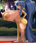  1girl absurdres ahoge ass bare_shoulders blue_hair blurry breasts city covered_nipples crowd depth_of_field dress evening_gown eyes_visible_through_hair from_side gigantic_breasts green_eyes high_heels highres izumi_konata large_areolae long_hair lucky_star mole mole_under_eye navel ponytail red_carpet revealing_clothes sideboob smug teeth very_long_hair zoey_kazuya 