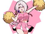  1girl absurdres bare_shoulders blush breasts collarbone hair_between_eyes hair_ornament hair_ribbon hairclip highres holding holding_pom_poms large_breasts long_hair looking_at_viewer maorisu_henkyo_haku navel nijisanji open_mouth pink_background pink_eyes pink_hair pink_ribbon pink_shirt pink_skirt pom_pom_(cheerleading) ribbon shiina_yuika shirt skirt thighs two-tone_skirt virtual_youtuber white_background white_skirt 