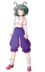  1girl alphes_(style) antennae blue_shorts blush buttons closed_eyes closed_mouth collared_shirt commentary_request dairi frilled_sleeves frills full_body green_hair highres large_variant_set loafers long_sleeves no_cape parody red_shoes shirt shirt_tucked_in shoes short_hair shorts smile socks solo standing style_parody tachi-e touhou transparent_background variant_set white_socks wriggle_nightbug 