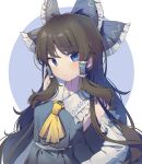  1girl :/ absurdres alternate_color ascot blue_bow blue_eyes blue_skirt bow breasts brown_hair closed_mouth commentary detached_sleeves frilled_bow frilled_hair_tubes frills hair_bow hair_tubes hakurei_reimu highres kitahara_(pixiv_19528441) long_hair looking_at_viewer player_2 skirt skirt_set solo touhou very_long_hair yellow_ascot 