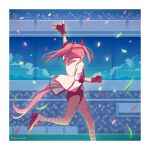  1girl animal_ears bandaid bandaid_on_leg border buruma confetti crowd fingerless_gloves gloves haru_urara_(umamusume) headband highres horse_ears horse_girl horse_tail jacket medium_hair pink_buruma pink_gloves pink_hair pink_trim ponytail racetrack racing red_headband running shoes sneakers socks solo_focus striped_clothes striped_socks tail teddy_(takarada) track_jacket twitter_username umamusume waving white_border white_jacket 