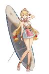  1girl absurdres alice_thymefield alice_thymefield_(sea_of_thyme) animal_ears apron blonde_hair braid breasts cleavage full_body heterochromia highres long_hair looking_at_viewer neong_(neong_eeee) official_alternate_costume open_mouth orange_eyes red_eyes red_hair shoes simple_background solo sphere_hair_ornament standing swimsuit twintails white_background zenless_zone_zero 