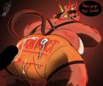 2024 anthro balls balls_outline belly beta_pokemon_(species) beta_pokemon_games bodily_fluids bottomwear boxer_briefs bub_(gorochuinboxers) bulge bulge_from_behind clothing cum cum_drip cum_on_clothing cum_on_underwear cum_stain cumshot detailed_bulge dialogue digital_media_(artwork) dripping ejaculation english_text facial_hair fangs fur genital_fluids genital_outline genitals gorochu gorochuinboxers hi_res horn looking_back looking_pleasured male male/male nintendo open_mouth orange_body orange_boxer_briefs orange_clothing orange_fur orange_underwear overweight overweight_anthro overweight_male penis pokemon pokemon_(species) simple_background speech_bubble suspenders tail teeth text underwear wet wet_clothing wet_underwear