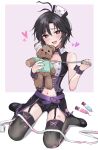 1girl absurdres aburi-gatana antenna_hair belt black_eyes black_hair black_shoes black_shorts black_thighhighs blush chain clothing_cutout concept_take_care_(idolmaster) full_body garter_straps hat heart heart-shaped_pupils highres holding holding_chain holding_stuffed_toy holding_teddy_bear idolmaster idolmaster_(classic) idolmaster_million_live! idolmaster_million_live!_theater_days kikuchi_makoto long_hair looking_at_viewer navel navel_cutout nurse nurse_cap official_alternate_costume open_mouth purple_belt purple_wrist_cuffs shoes short_hair shorts simple_background sitting solo stuffed_animal stuffed_toy symbol-shaped_pupils syringe teddy_bear thighhighs wrist_cuffs 
