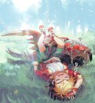  1boy amanogawa_ryuusei aqua_shorts arm_above_head arm_up belt belt_buckle black_hair blonde_hair brown_belt buckle closed_eyes collared_jacket commentary forest grass hercules_beetle highres holding holding_toy jacket jinzou_konchuu_kabutoborg_vxv kuroda_(kuro_yyy) lying male_focus nature on_back on_grass open_mouth outdoors oversized_object plant red_jacket red_shoes shirt shoes short_hair shorts sleeping sneakers solo tomcat_red_beetle_(kabutoborg) toy toy_car tree vines white_shirt wristband zzz 