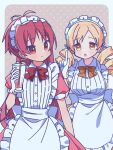  2girls absurdres apron blonde_hair drill_hair gloves high_ponytail highres index_finger_raised mahou_shoujo_madoka_magica maid_apron maid_headdress multiple_girls ponytail red_eyes red_hair ruru_(rurumagi) sakura_kyoko tomoe_mami twin_drills waist_apron white_apron white_gloves yellow_eyes 