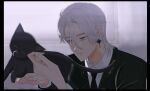  1boy animal baby_animal black_border black_cat black_jacket blazer border cat collared_jacket collared_shirt commentary_request earrings elf expressionless grey_eyes hair_between_eyes highres holding holding_animal holding_cat indoors jacket jewelry kitten kohanai_setsuna lapel_pin lapels light_particles lips long_sleeves looking_at_animal male_focus medium_hair mercury_(shining_nikki) nikki_(series) nostrils notched_lapels parted_lips pointy_ears pointy_nose shining_nikki shirt solo star_(symbol) star_earrings thick_eyebrows upper_body white_hair white_shirt window 