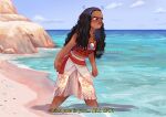  1girl anger_vein artist_name beach black_hair dark-skinned_female dark_skin day english_text jewelry long_hair luztapiaart moana_(movie) moana_waialiki necklace outdoors red_shirt shirt skirt solo strapless strapless_shirt subtitled water watermark white_skirt 