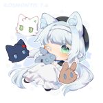 1girl amiya_(arknights) animal_ears arknights blaze_(arknights) cat_ears cat_girl character_doll character_name chibi closed_mouth commentary dated doll dress english_commentary green_eyes grey_hair kal&#039;tsit_(arknights) kuroba_ying long_hair low_twintails one_eye_closed rosmontis_(arknights) solo thick_eyelashes twintails very_long_hair white_dress 