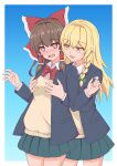  2girls @_@ absurdres alternate_costume black_jacket blonde_hair blush bow bowtie braid breasts brown_hair cardigan chinese_commentary collared_shirt commentary_request contemporary frilled_bow frilled_hair_tubes frills grabbing_another&#039;s_breast grabbing_from_behind green_bow green_skirt groping hair_bow hair_tubes hakurei_reimu highres jacket kirisame_marisa long_hair long_sleeves mixed-language_commentary multiple_girls no_headwear open_clothes open_jacket open_mouth piaoluo_de_ying_huaban pleated_skirt red_bow red_bowtie red_eyes school_uniform shirt side_braid single_braid skirt smile touhou white_shirt yellow_cardigan yellow_eyes yuri 