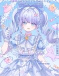 1girl absurdres balloon blue_background blue_bow blue_bowtie blue_dress blue_eyes blue_ribbon blue_theme blunt_bangs bow bowtie brooch candy cloud collared_dress commission cowboy_shot crescent dot_nose dress drill_hair eyelashes food frilled_sleeves frills gloves gradient_background grey_hair hair_intakes hair_ribbon happy highres holding holding_balloon infinity_nikki jewelry lace-trimmed_dress lace-trimmed_gloves lace_trim light_blush light_particles long_dress long_hair nikki_(series) open_mouth plaid_ribbon puffy_short_sleeves puffy_sleeves ribbon sample_watermark short_sleeves sidelocks smile solo sparkle sparkling_eyes standing star_(symbol) star_brooch stuffed_unicorn twintails two-tone_bow two-tone_bowtie watermark white_bow white_bowtie white_gloves yuniangyikong 