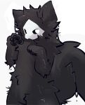  1boy animal_ears black_fur black_sclera bright_pupils changed chest_fur colored_sclera dripping fluffy fluffy_tail furry furry_male hair_tuft highres large_tail looking_back mask paw_pose pawpads pointy_ears puro_(changed) saintlystarr tail white_background white_mask white_pupils wolf wolf_ears wolf_tail 