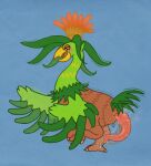 abstract_background avian beak bodily_fluids cloacal_penis cloudweaver_(artist) dancing erection feather_hands feathers feral flower_on_head genital_fluids green_body green_feathers leaking_precum leaves_on_body long_neck looking_at_viewer male musk musk_clouds open_mouth pal_(species) palumba palworld pocketpair precum solo