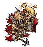  2girls amputee armor cape carrying carrying_person chibi cleanrot_knight_finlay covered_eyes covered_face elden_ring english_commentary full_armor gold_armor helmet helmet_over_eyes highres holding holding_polearm holding_scythe holding_weapon malenia_blade_of_miquella mechanical_arms multiple_girls pikminpreggedup plate_armor polearm prosthesis prosthetic_arm red_cape scythe single_mechanical_arm triple_amputee weapon white_background winged_helmet 