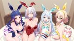  4girls absurdres animal_ear_hairband animal_ears bare_shoulders black_bow black_bowtie black_hair black_leotard blonde_hair blue_bow blue_bowtie blue_hair blue_leotard bow bowtie braid breasts closed_mouth collar covered_navel detached_collar dizzy_dokuro easter_egg egg ember_amane fake_animal_ears grey_hair hair_between_eyes hairband highres holding holding_egg jelly_hoshiumi kaneko_lumi large_breasts leotard long_hair medium_breasts multiple_girls on_bed open_mouth phase_connect pointy_ears rabbit_ear_hairband rabbit_ears red_bow red_bowtie red_leotard second-party_source smile snkagawa strapless strapless_leotard white_collar yellow_bow yellow_bowtie yellow_leotard 