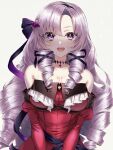  1girl ayuko_ammobium bare_shoulders belt black_belt black_ribbon breasts chest_tattoo choker cleavage collarbone commentary_request dress drill_hair grey_background hair_ribbon highres hyakumantenbara_salome hyakumantenbara_salome_(1st_costume) large_breasts light_blush long_hair long_sidelocks long_sleeves looking_at_viewer nijisanji open_mouth purple_choker purple_eyes purple_hair red_dress ribbon side_part sidelocks simple_background smile solo sparkle_hair_ornament sparkling_eyes straight-on strapless strapless_dress tattoo teeth twin_drills upper_body upper_teeth_only very_long_hair virtual_youtuber 