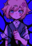  1boy basil_(faraway)_(omori) basil_(omori) blonde_hair blue_background blue_eyes blush closed_mouth collared_shirt crying crying_with_eyes_open double-parted_bangs flower gardening_shears green_sweater_vest hair_flower hair_ornament imo_mo_0 looking_at_viewer male_focus omori shirt short_sleeves simple_background solo something_(omori) spoilers sweater_vest tears upper_body white_shirt 