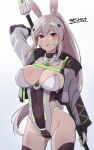  1girl :p animal_ear_fluff animal_ears arm_up ass_visible_through_thighs black_thighhighs blush breasts brown_thighhighs cameltoe character_name cleavage closed_mouth covered_navel cowboy_shot cropped_jacket green_nails grey_hair grey_jacket headgear highleg highleg_leotard highres hiruno holding holding_polearm holding_weapon jacket large_breasts leotard long_hair long_sleeves looking_at_viewer mole mole_on_breast nail_polish open_clothes open_jacket original playboy_bunny polearm ponytail rabbit_ears rabbit_girl rabbit_selena_(hiruno) rabbit_tail red_eyes simple_background skindentation smile solo spear strapless strapless_leotard tail thighhighs thighs tongue tongue_out very_long_hair weapon white_background white_hair yuina_(hiruno) 